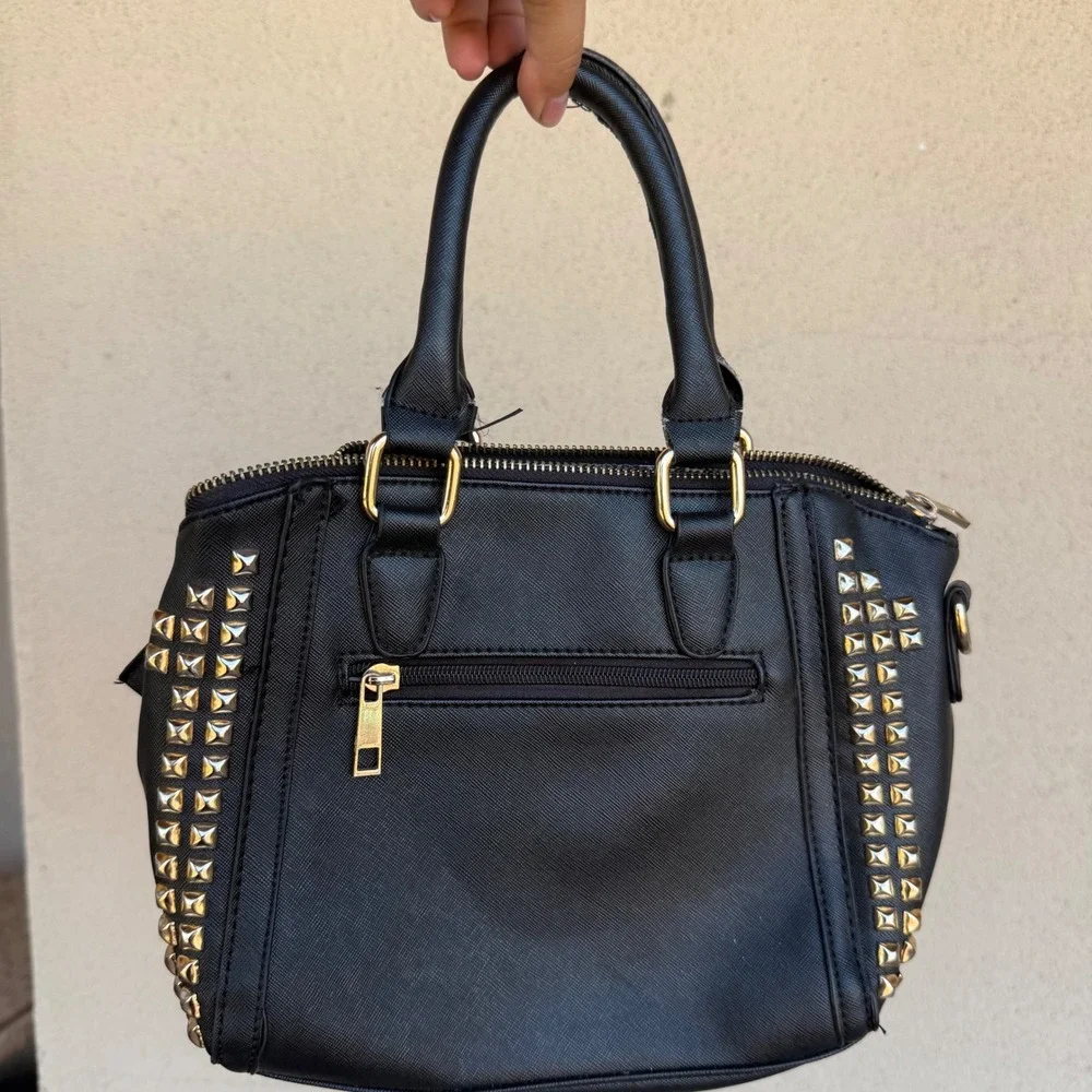 Unbranded Black Studded Satchel Handbag Gold Pyramid Studs Zebra Lining Rocker